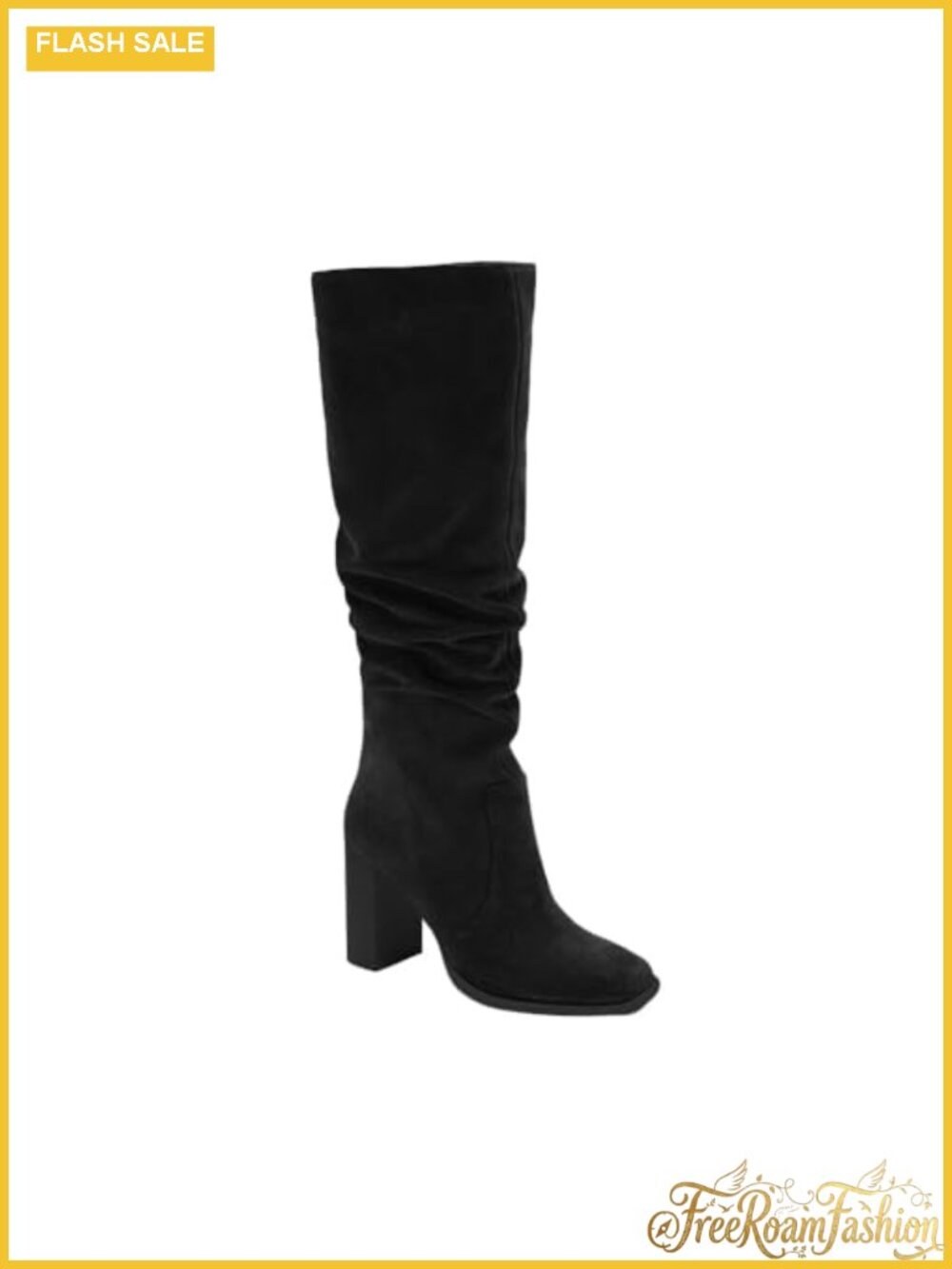 Women's Knee High Boots Faux Suede Chunky Block Heel Square Toe Wide Calf